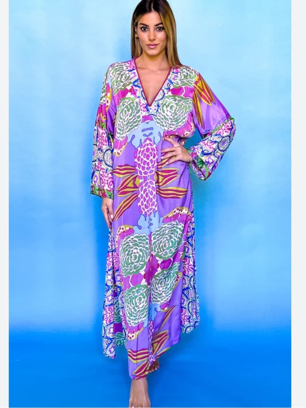 Leoni Al Sole Stunning Vibrant Purple Floral Italian Maxi Dress - Women's Kaftan